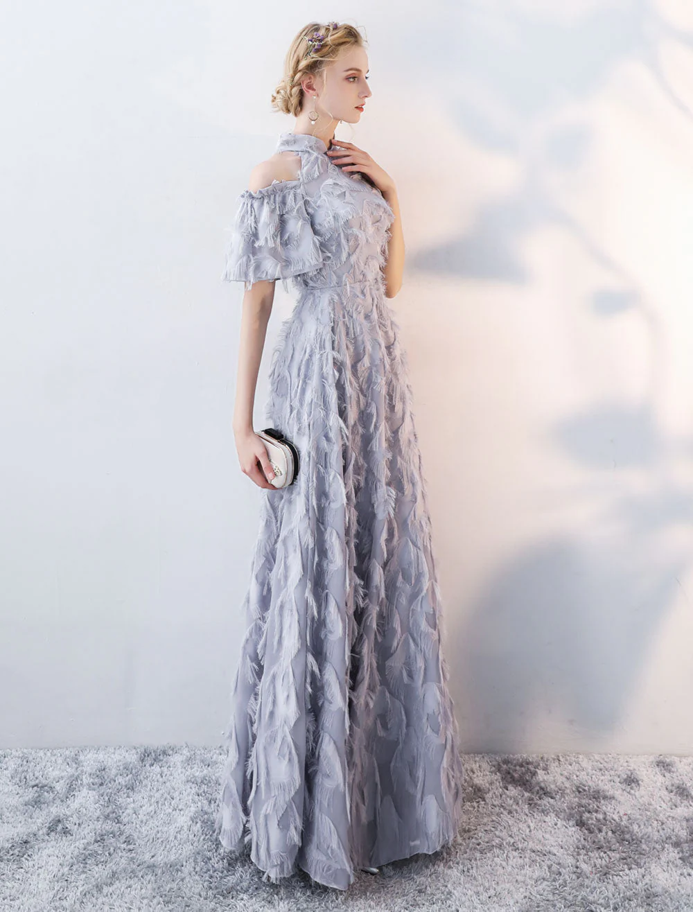 Stunning Evening Dresses Long Light Grey Cold Shoulder Evening Dress Lace Stand Collar Floor Length Formal Dress - Image 4