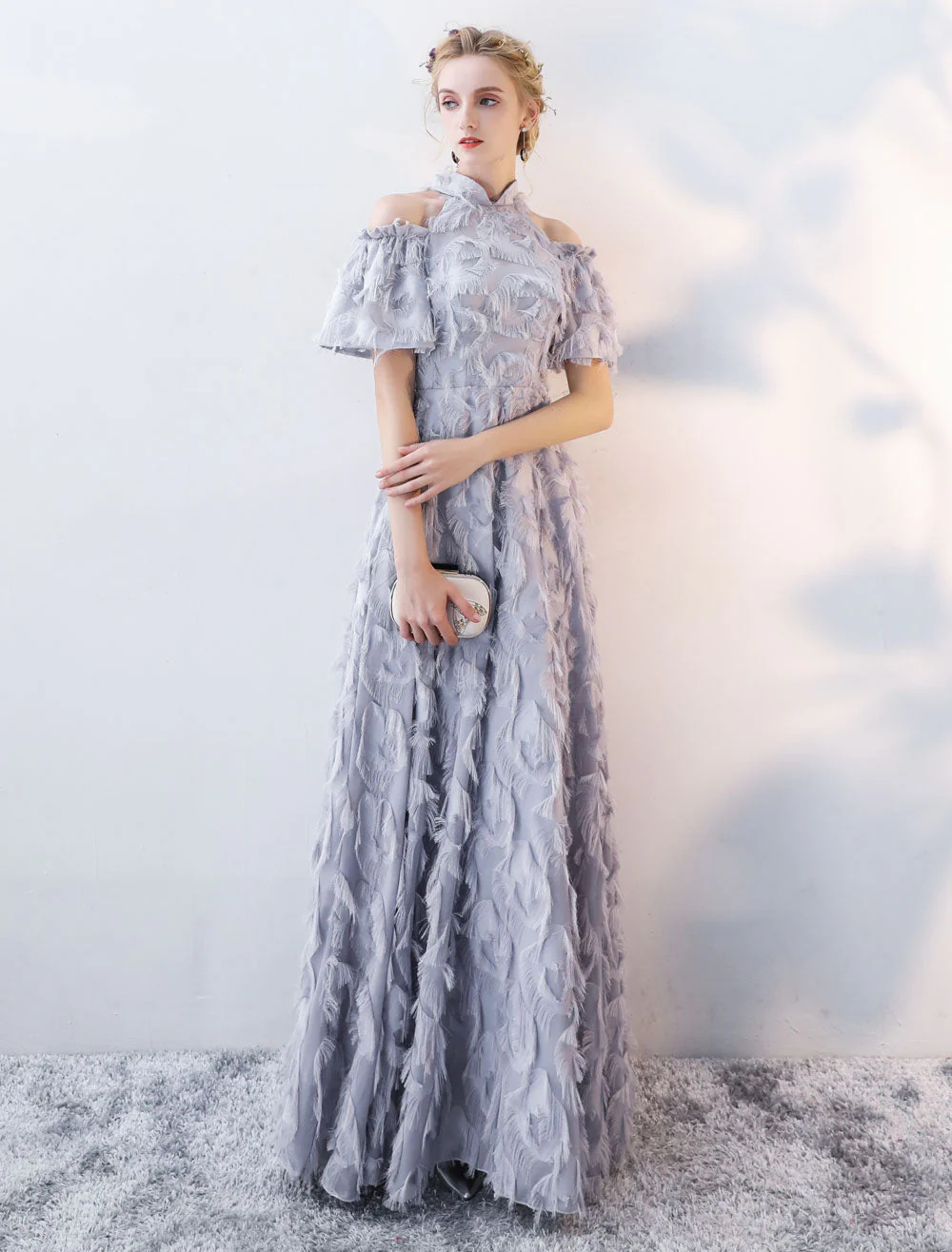 Stunning Evening Dresses Long Light Grey Cold Shoulder Evening Dress Lace Stand Collar Floor Length Formal Dress - Image 5