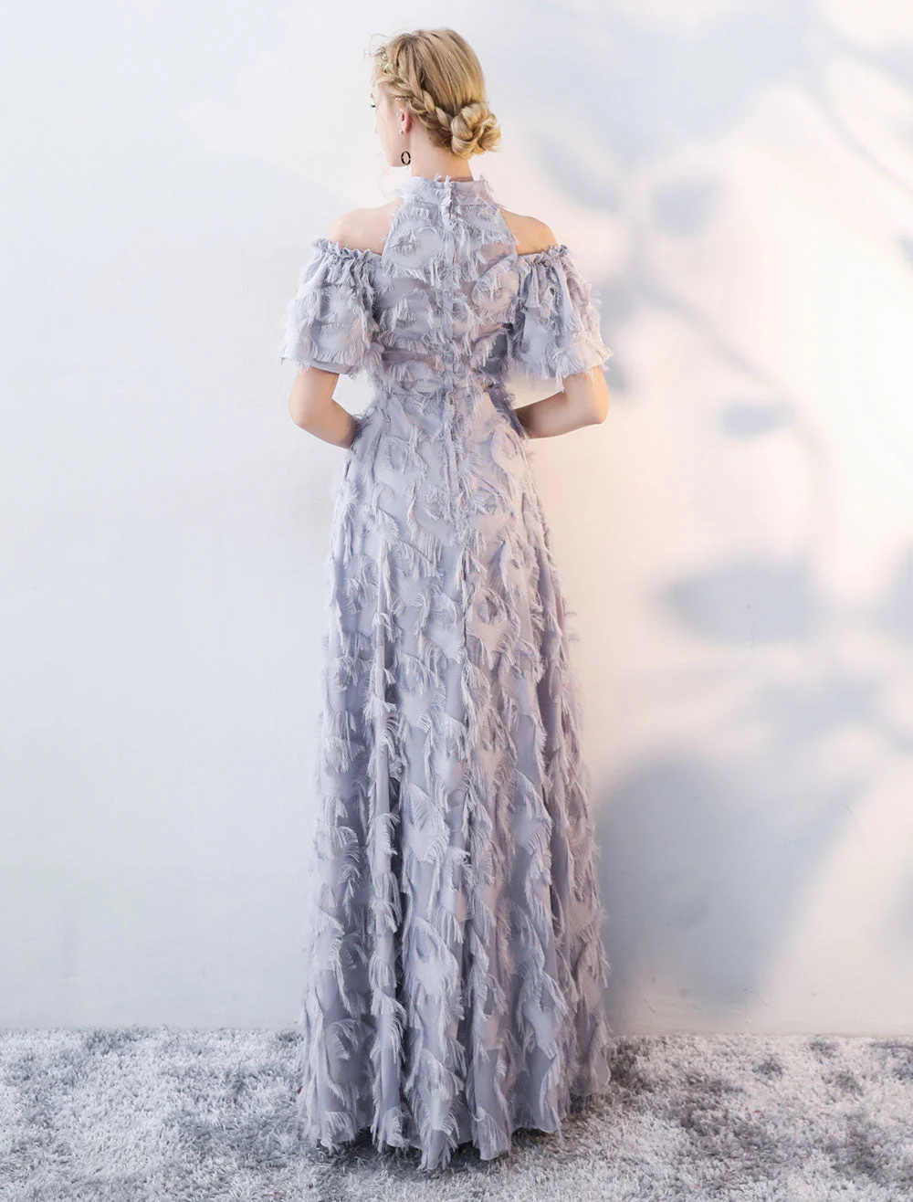 Stunning Evening Dresses Long Light Grey Cold Shoulder Evening Dress Lace Stand Collar Floor Length Formal Dress - Image 6