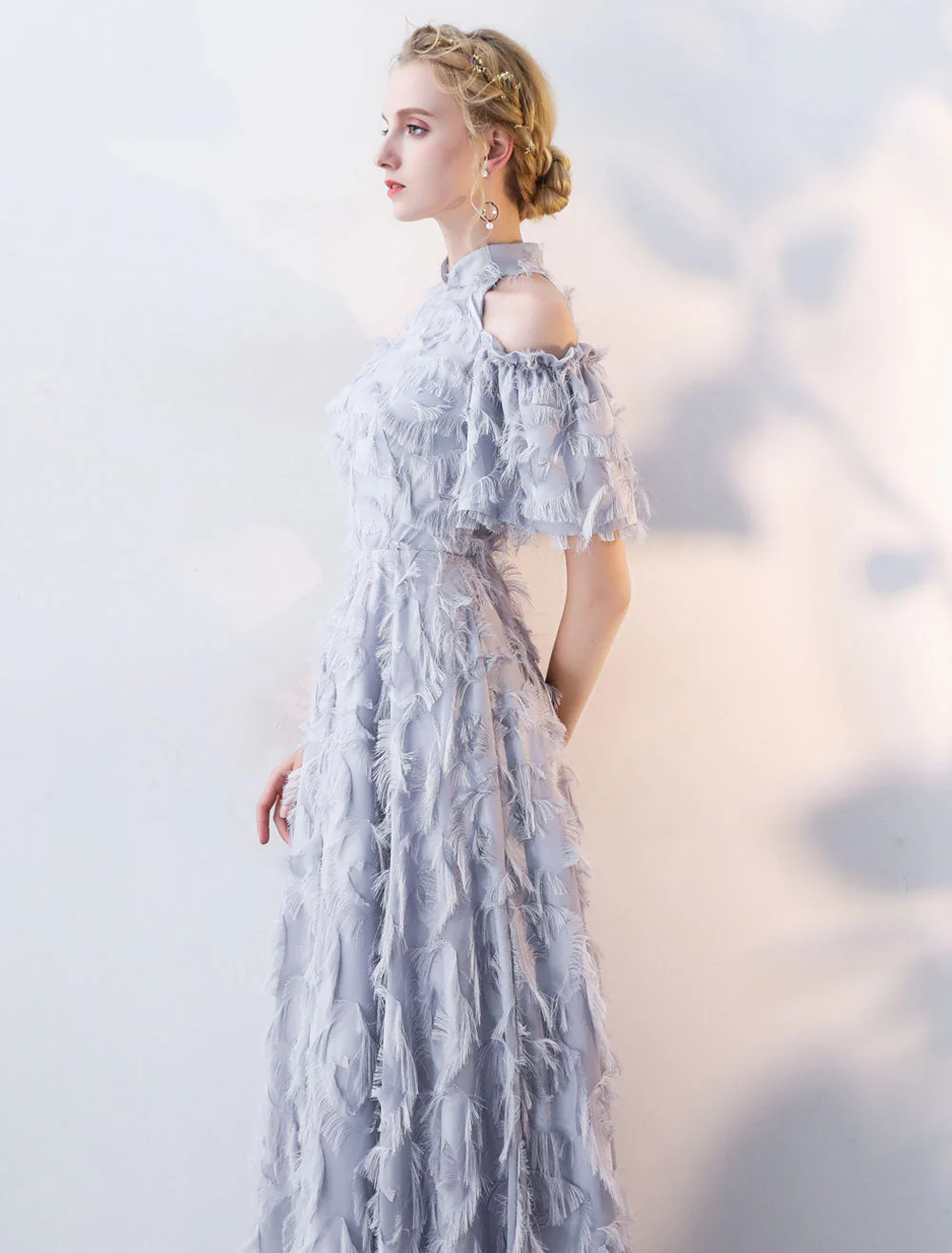Stunning Evening Dresses Long Light Grey Cold Shoulder Evening Dress Lace Stand Collar Floor Length Formal Dress - Image 7