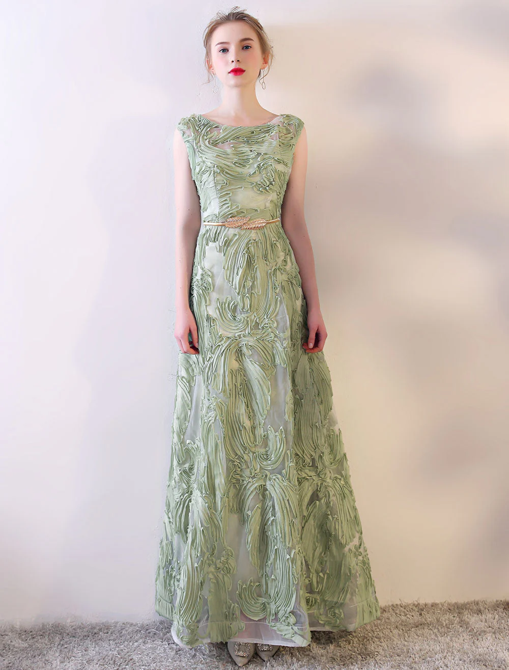 Eleagnt Evening Dresses Long Dusty Sage Embossment Fabric Texture Sleeveless A Line Floor Length With Sash Wedding Guest Dress - Image 2