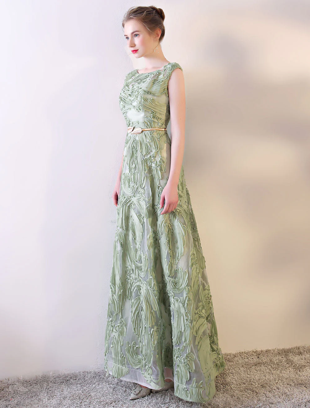 Eleagnt Evening Dresses Long Dusty Sage Embossment Fabric Texture Sleeveless A Line Floor Length With Sash Wedding Guest Dress - Image 3