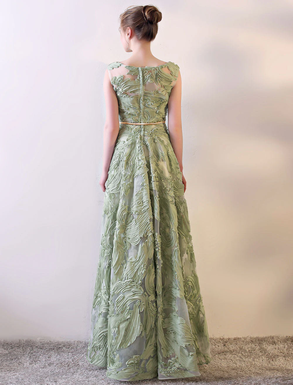 Eleagnt Evening Dresses Long Dusty Sage Embossment Fabric Texture Sleeveless A Line Floor Length With Sash Wedding Guest Dress - Image 4