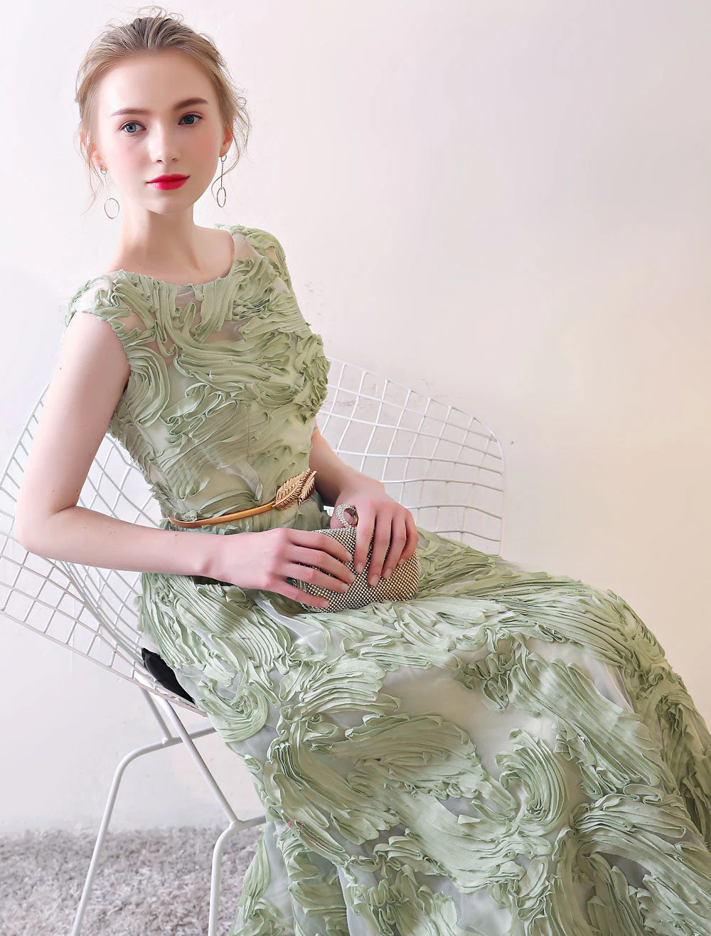 Eleagnt Evening Dresses Long Dusty Sage Embossment Fabric Texture Sleeveless A Line Floor Length With Sash Wedding Guest Dress - Image 5