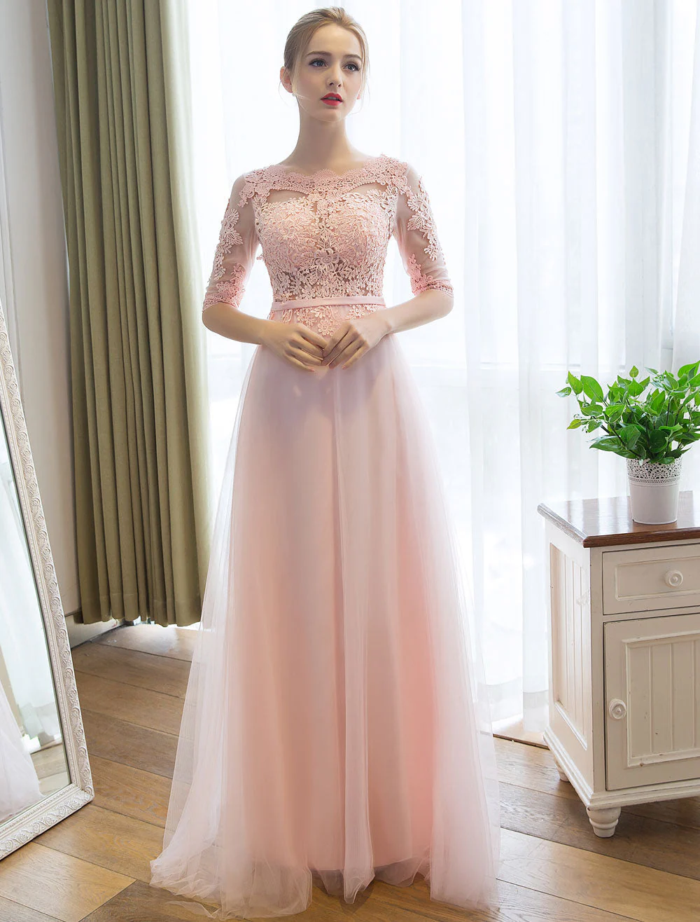 Gorgeous Evening Dresses Long Soft Pink Half Sleeve Lace Tulle Formal Evening Lace Applique Maxi Party Dress - Image 2