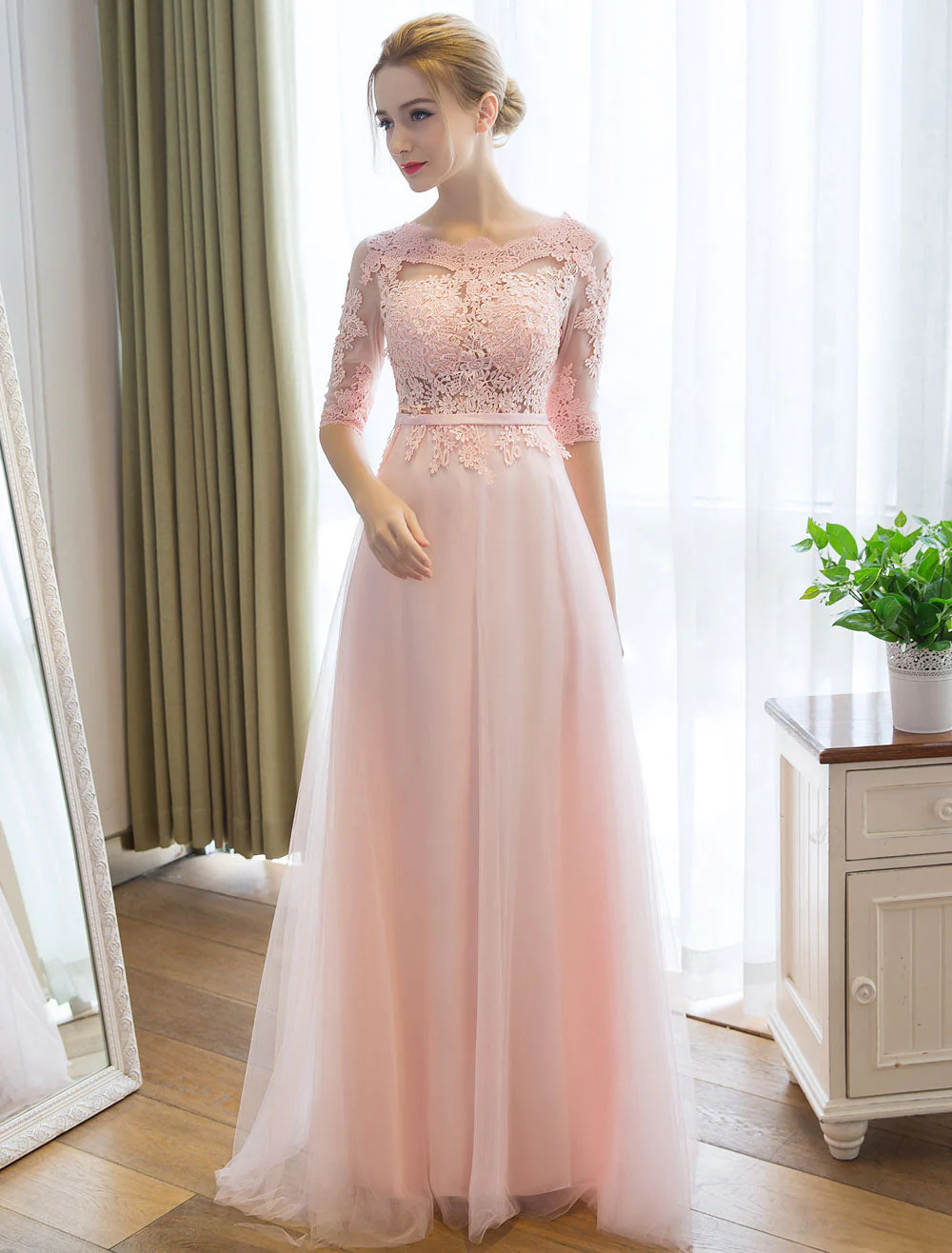 Gorgeous Evening Dresses Long Soft Pink Half Sleeve Lace Tulle Formal Evening Lace Applique Maxi Party Dress - Image 3