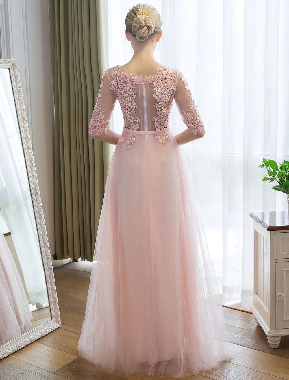 Gorgeous Evening Dresses Long Soft Pink Half Sleeve Lace Tulle Formal Evening Lace Applique Maxi Party Dress - Image 4