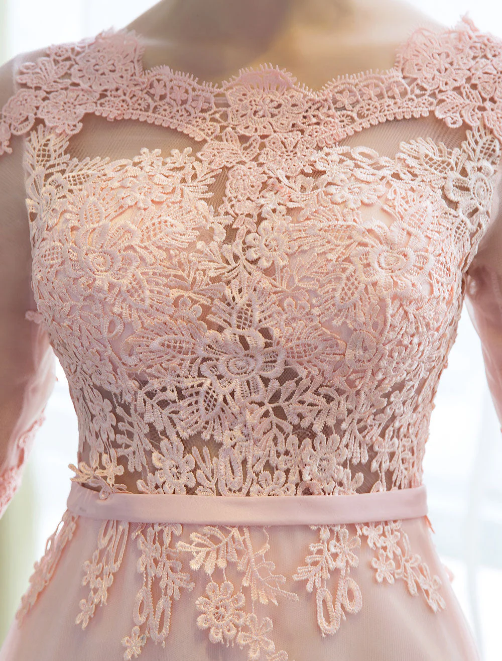 Gorgeous Evening Dresses Long Soft Pink Half Sleeve Lace Tulle Formal Evening Lace Applique Maxi Party Dress - Image 5