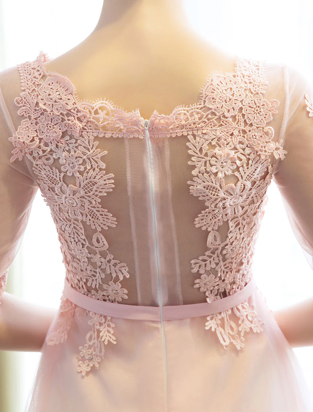 Gorgeous Evening Dresses Long Soft Pink Half Sleeve Lace Tulle Formal Evening Lace Applique Maxi Party Dress - Image 6