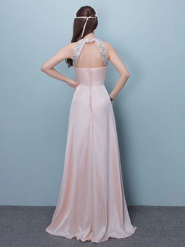 Stunning Evening Dresses Long Soft Pink Satin Evening Dress Halter Beading Pleated Floor Length Formal Party Dress - Image 2
