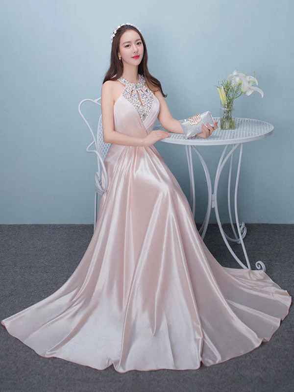 Stunning Evening Dresses Long Soft Pink Satin Evening Dress Halter Beading Pleated Floor Length Formal Party Dress - Image 3