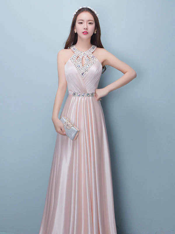 Stunning Evening Dresses Long Soft Pink Satin Evening Dress Halter Beading Pleated Floor Length Formal Party Dress - Image 4