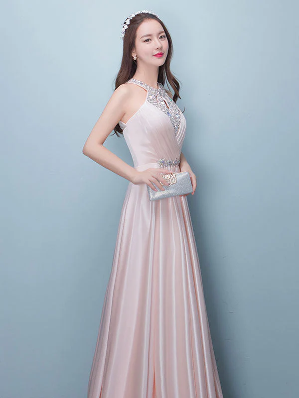 Stunning Evening Dresses Long Soft Pink Satin Evening Dress Halter Beading Pleated Floor Length Formal Party Dress - Image 5
