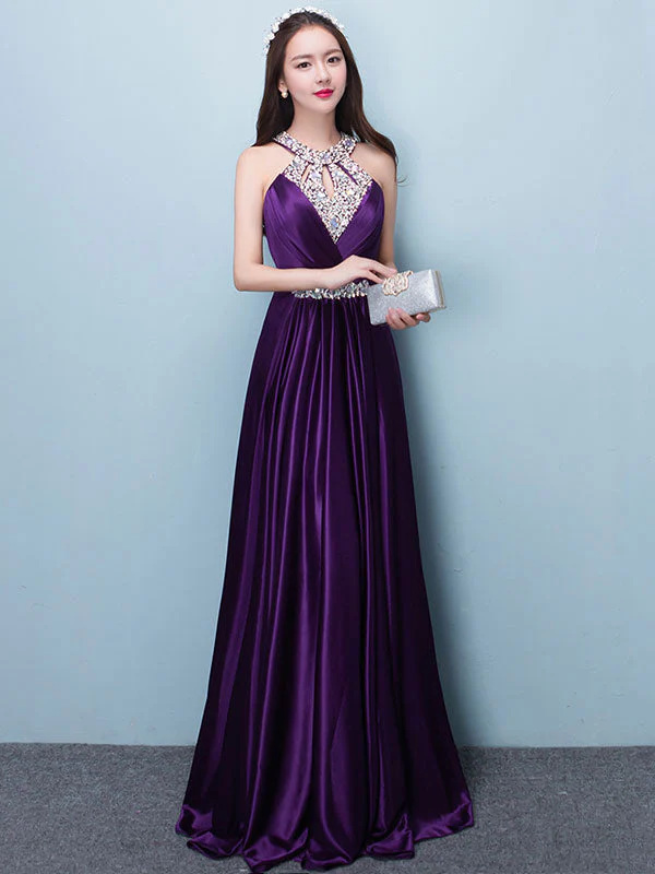 Stunning Evening Dresses Long Soft Pink Satin Evening Dress Halter Beading Pleated Floor Length Formal Party Dress - Image 9