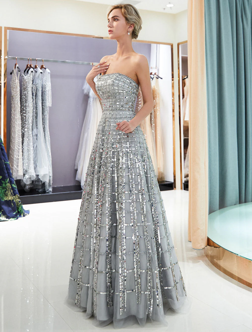 Modern Evening Dresses Long Strapless Sequin Light Grey Floor Length Luxury Women Pageant Dress - Image 3