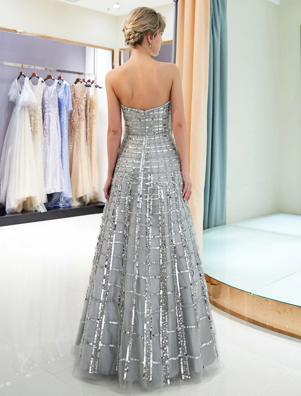 Modern Evening Dresses Long Strapless Sequin Light Grey Floor Length Luxury Women Pageant Dress - Image 4