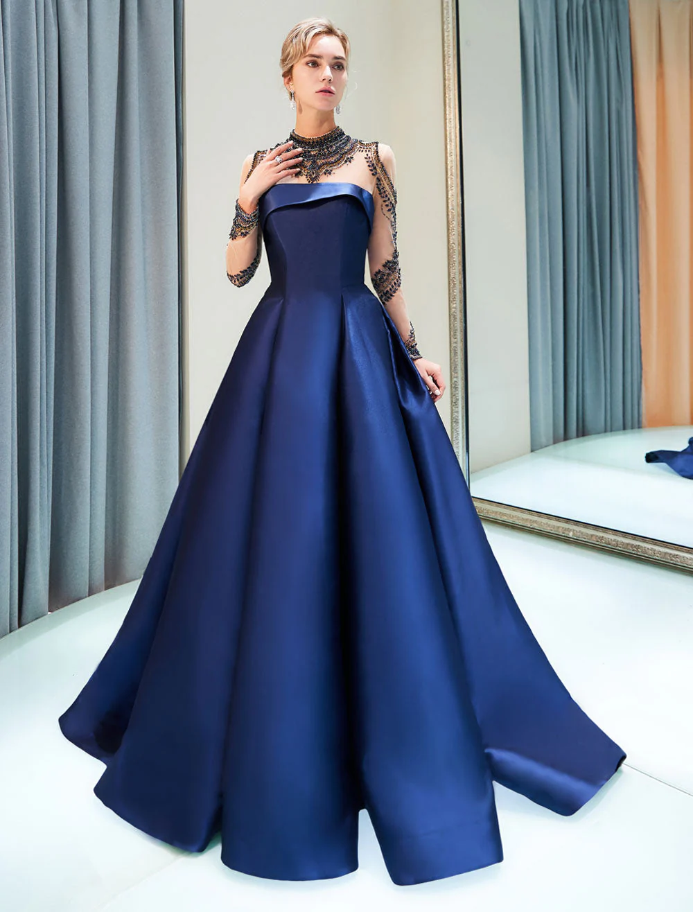 Glamorous Evening Dresses Luxury Dark Navy Satin A Line Long Sleeve Lace Illusion High Collar Quinceanera Dress - Image 2