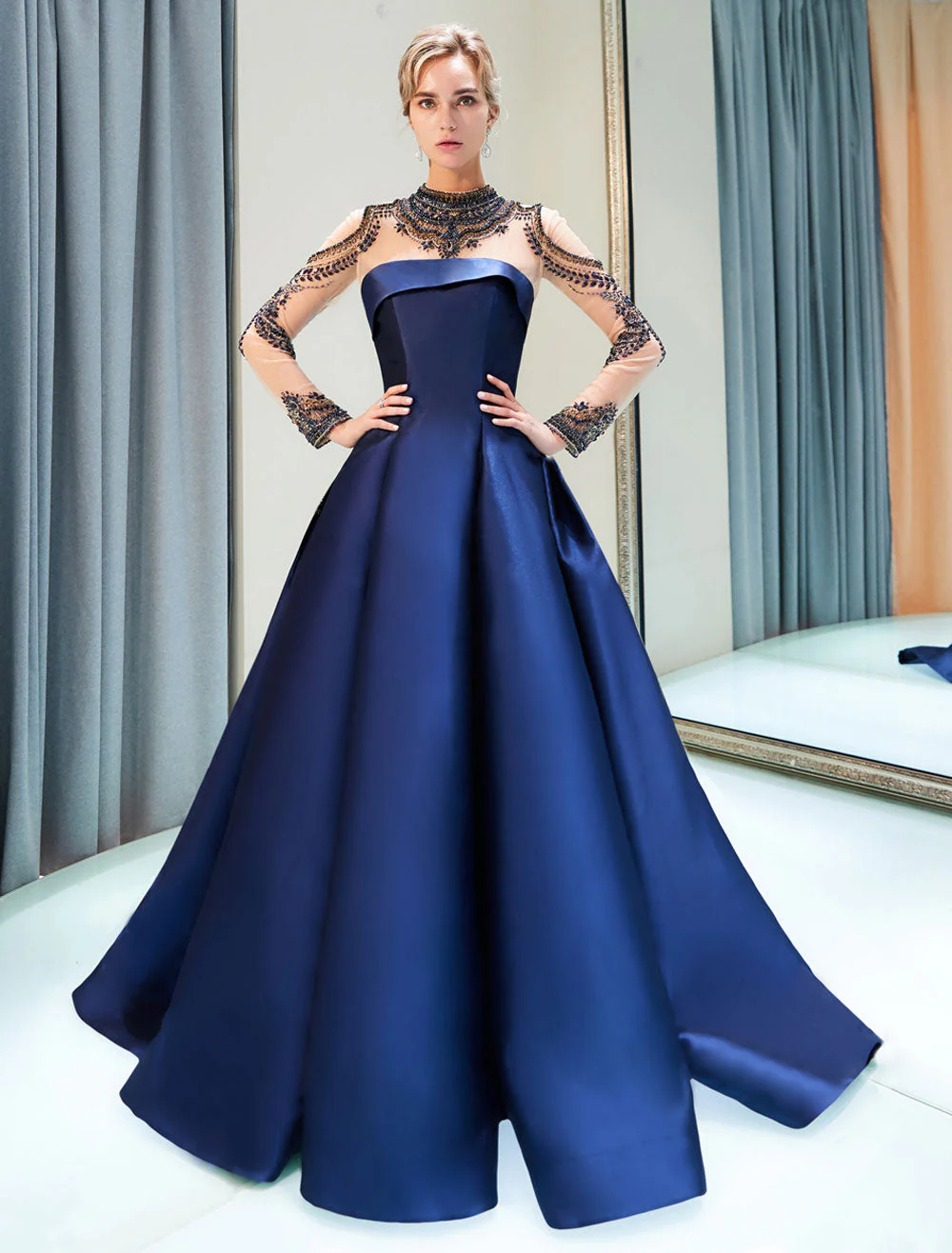 Glamorous Evening Dresses Luxury Dark Navy Satin A Line Long Sleeve Lace Illusion High Collar Quinceanera Dress - Image 3
