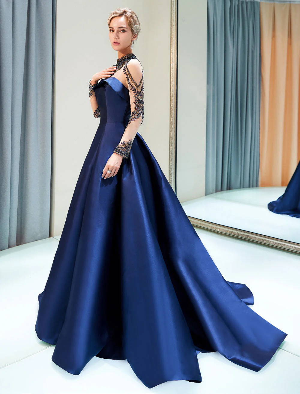 Glamorous Evening Dresses Luxury Dark Navy Satin A Line Long Sleeve Lace Illusion High Collar Quinceanera Dress - Image 4