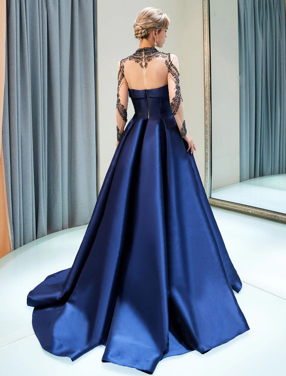 Glamorous Evening Dresses Luxury Dark Navy Satin A Line Long Sleeve Lace Illusion High Collar Quinceanera Dress - Image 5