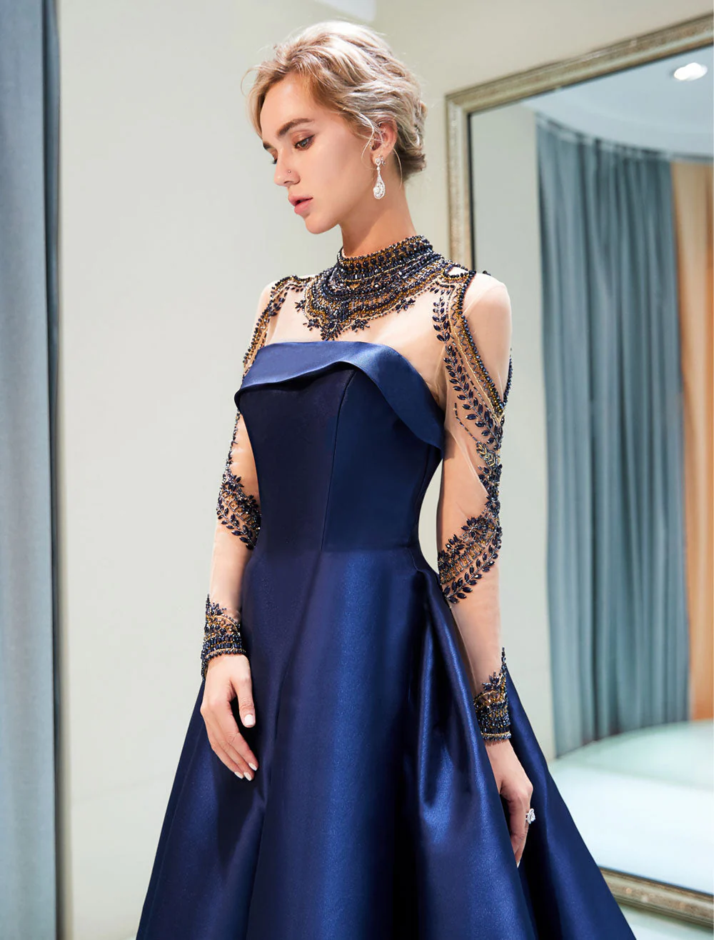 Glamorous Evening Dresses Luxury Dark Navy Satin A Line Long Sleeve Lace Illusion High Collar Quinceanera Dress - Image 6