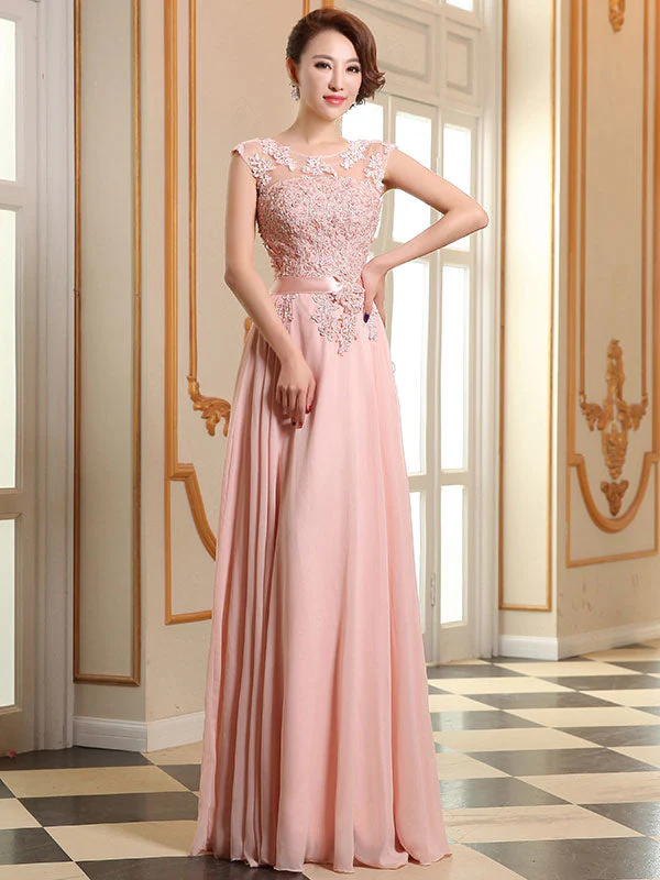 Eleagnt Evening Dresses Soft Pink Lace Applique Evening Dresses Chiffon Sleeveless Sash Floor Length Formal Gowns - Image 2