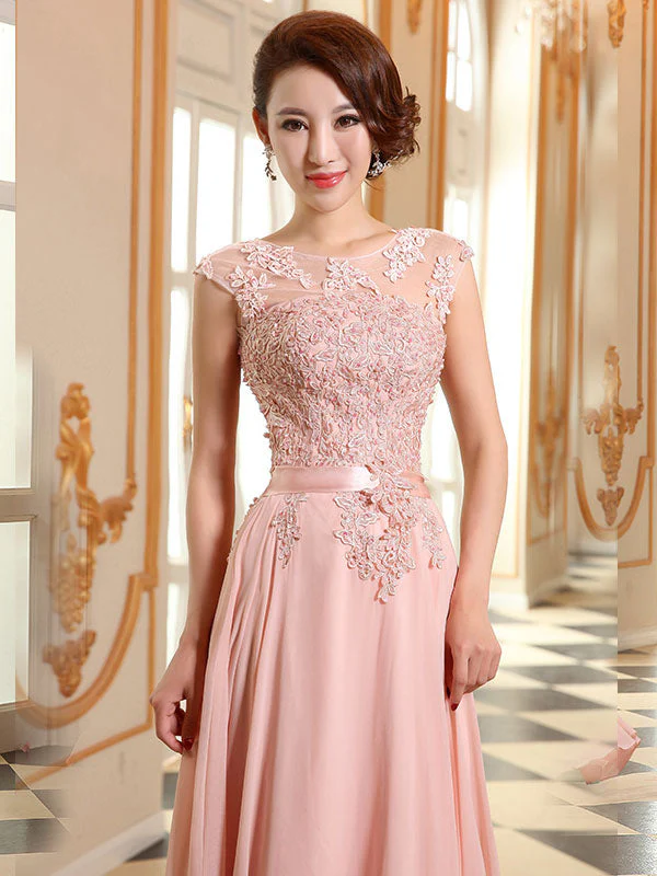 Eleagnt Evening Dresses Soft Pink Lace Applique Evening Dresses Chiffon Sleeveless Sash Floor Length Formal Gowns - Image 3