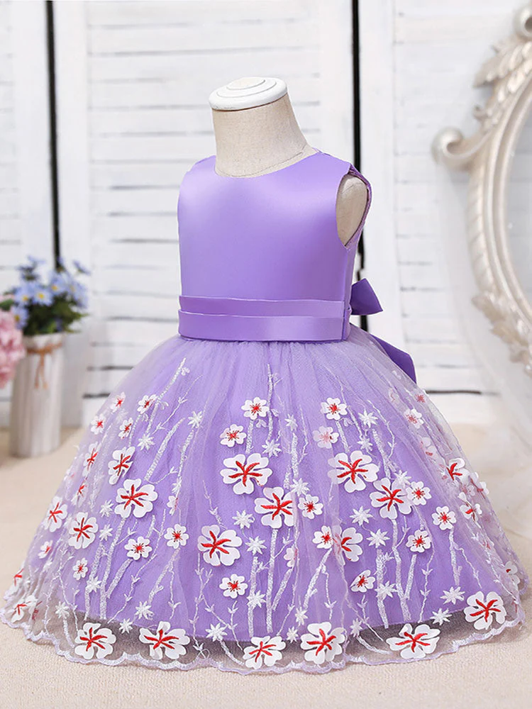 Purple Jewel Neck Cotton Tulle Sleeveless Short A-Line Embroidered Kids Party Dresses - Image 2