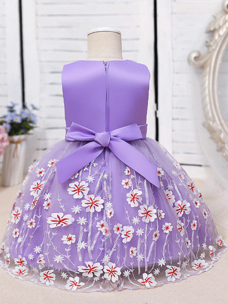 Purple Jewel Neck Cotton Tulle Sleeveless Short A-Line Embroidered Kids Party Dresses - Image 3