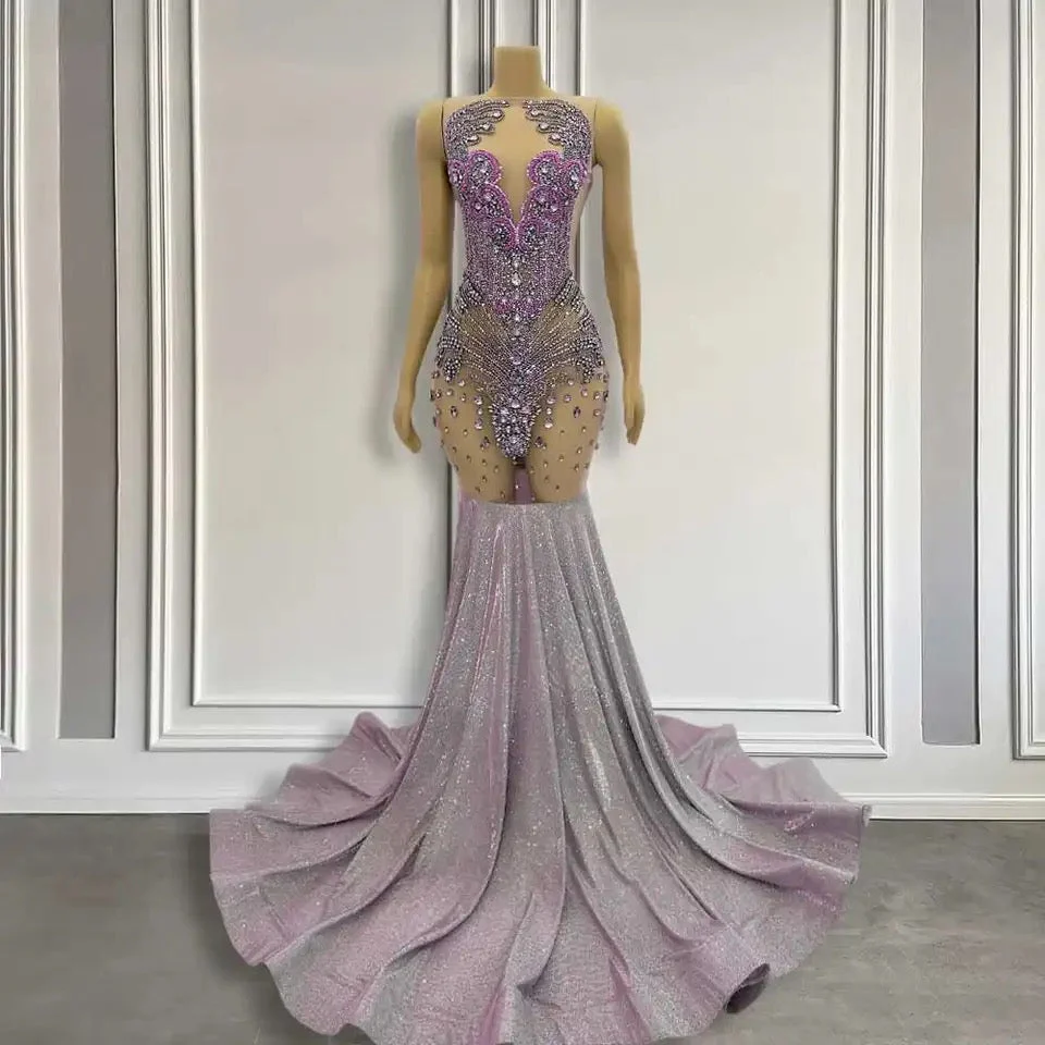 Purple Mermaid Prom Dress Sleeveless with Long Beadings - Image 2