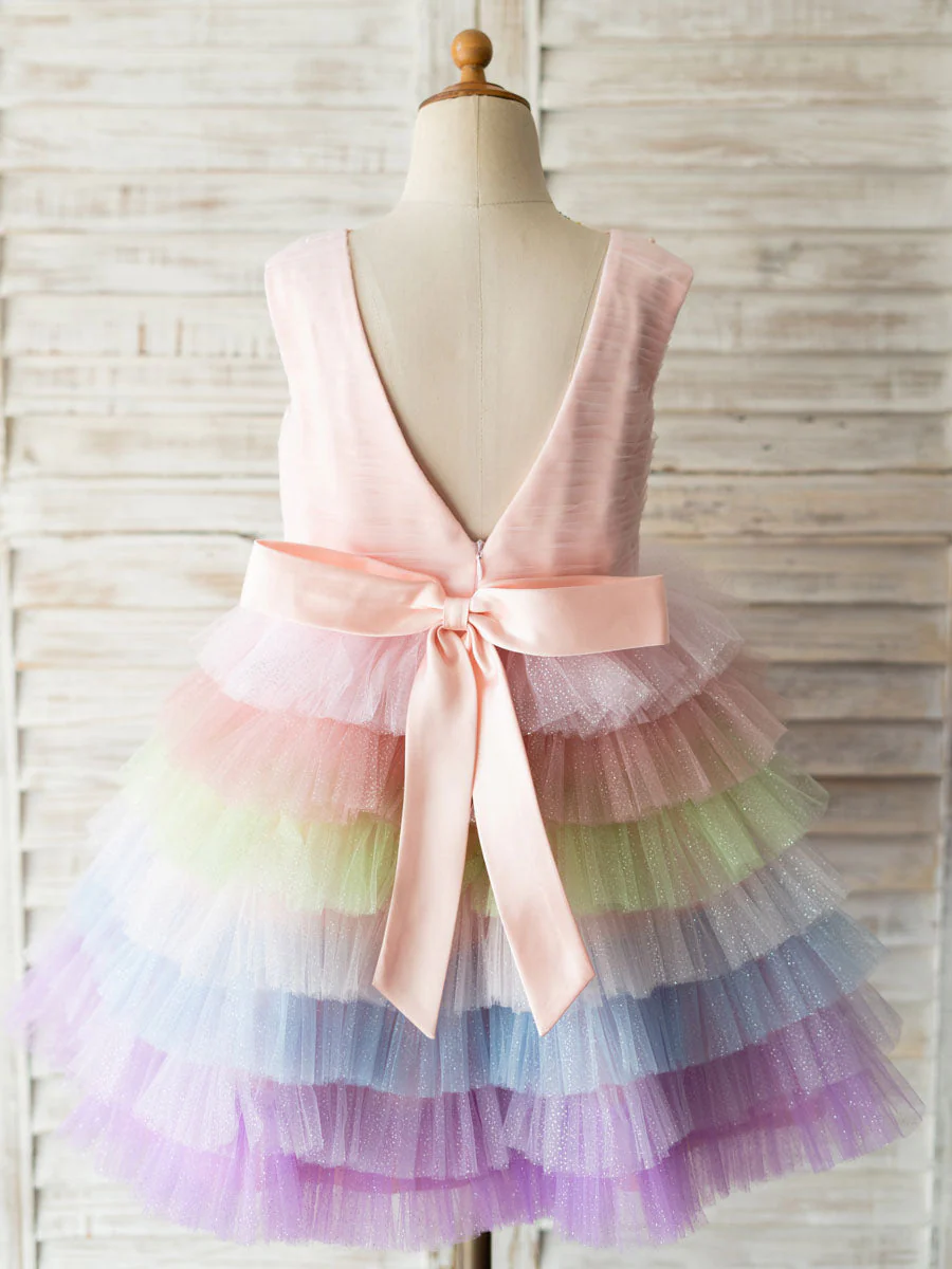 Rainbow Color Jewel Neck Tulle Sleeveless Short Princess Pearls Kids Social Party Dresses - Image 2