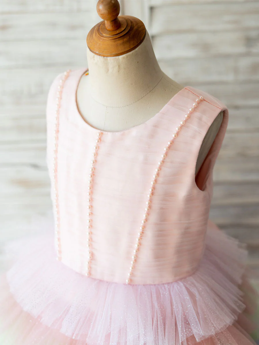 Rainbow Color Jewel Neck Tulle Sleeveless Short Princess Pearls Kids Social Party Dresses - Image 3