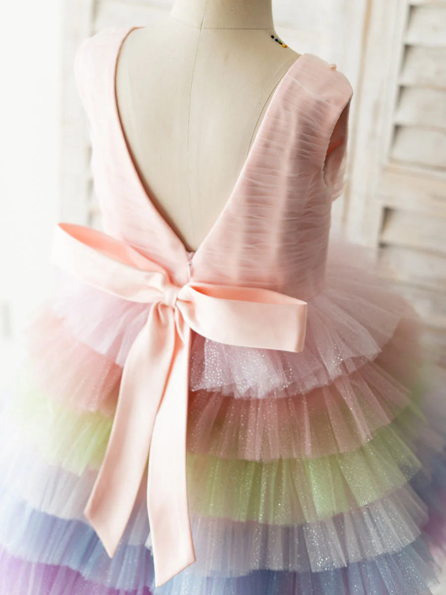 Rainbow Color Jewel Neck Tulle Sleeveless Short Princess Pearls Kids Social Party Dresses - Image 4