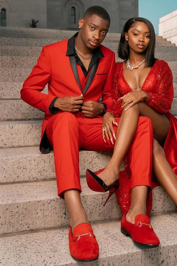 Red 3-Piece Prom Suit with Black Shawl Lapel - Image 2
