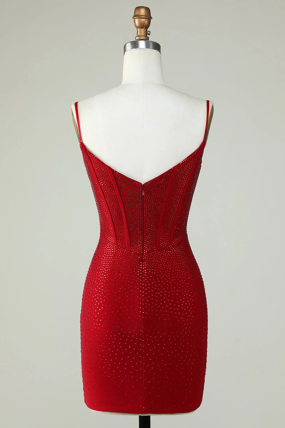 Red Beaded Sheath Spaghetti Strap Homecoming Dress - Image 2