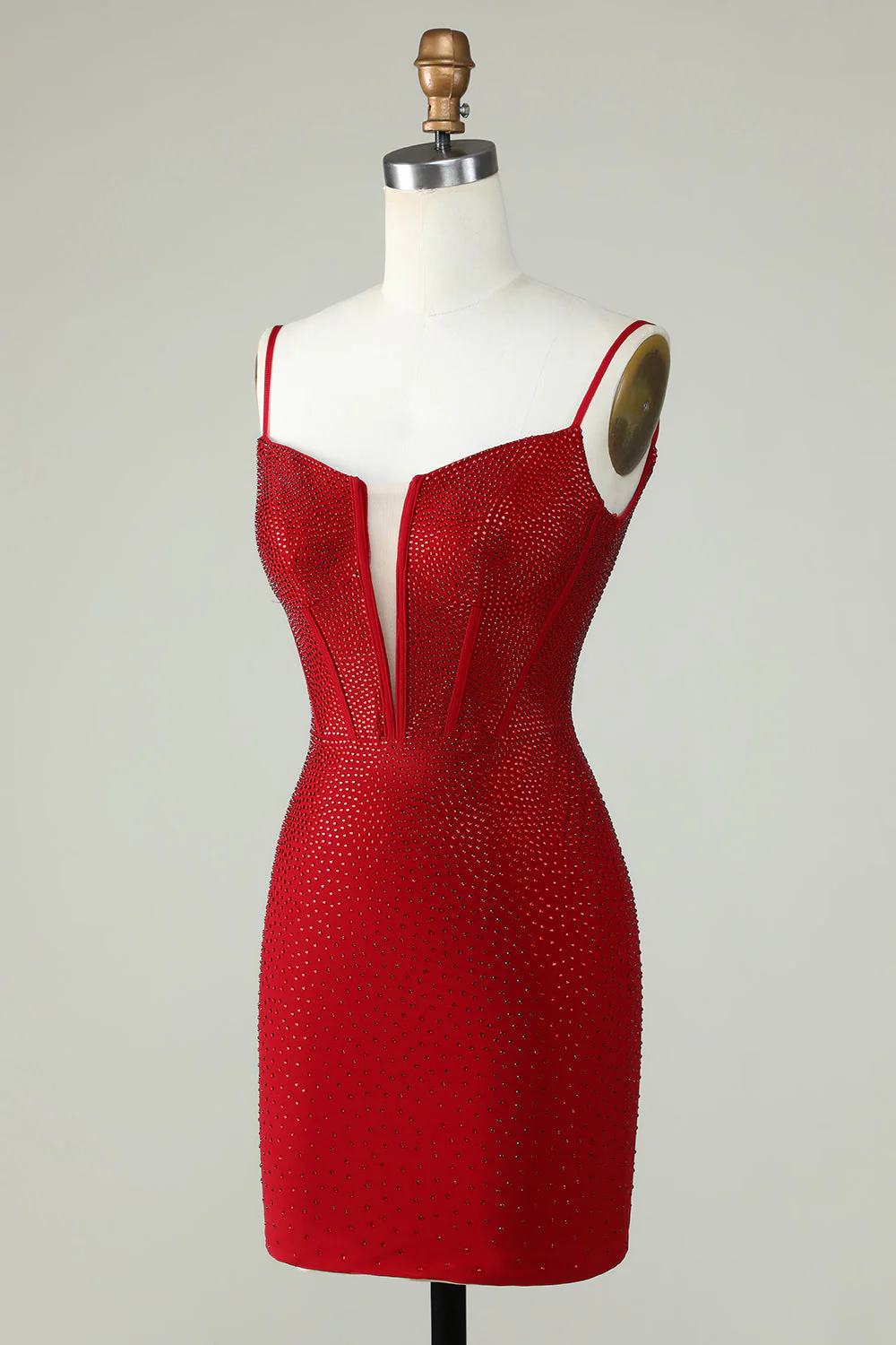 Red Beaded Sheath Spaghetti Strap Homecoming Dress - Image 3