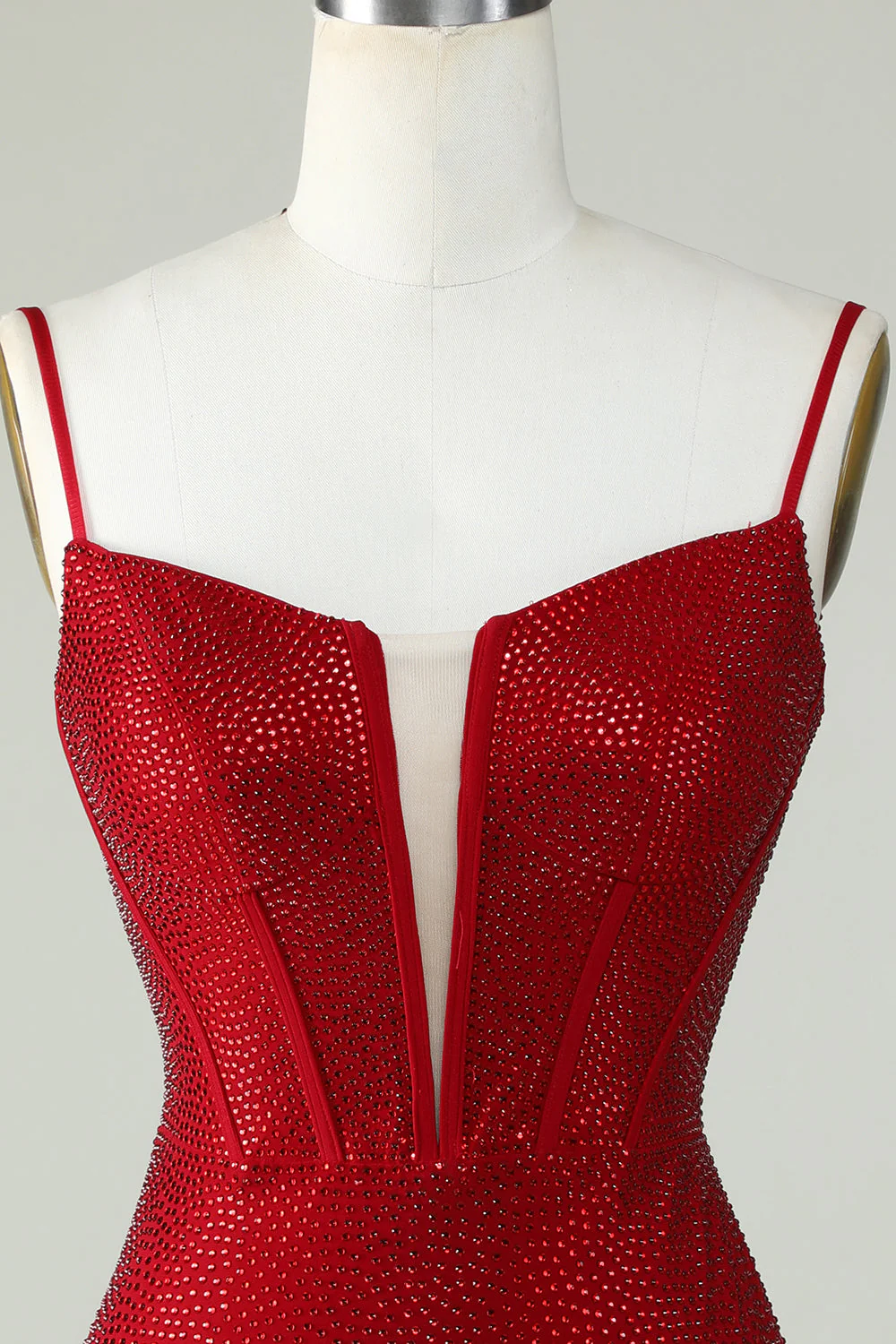 Red Beaded Sheath Spaghetti Strap Homecoming Dress - Image 4