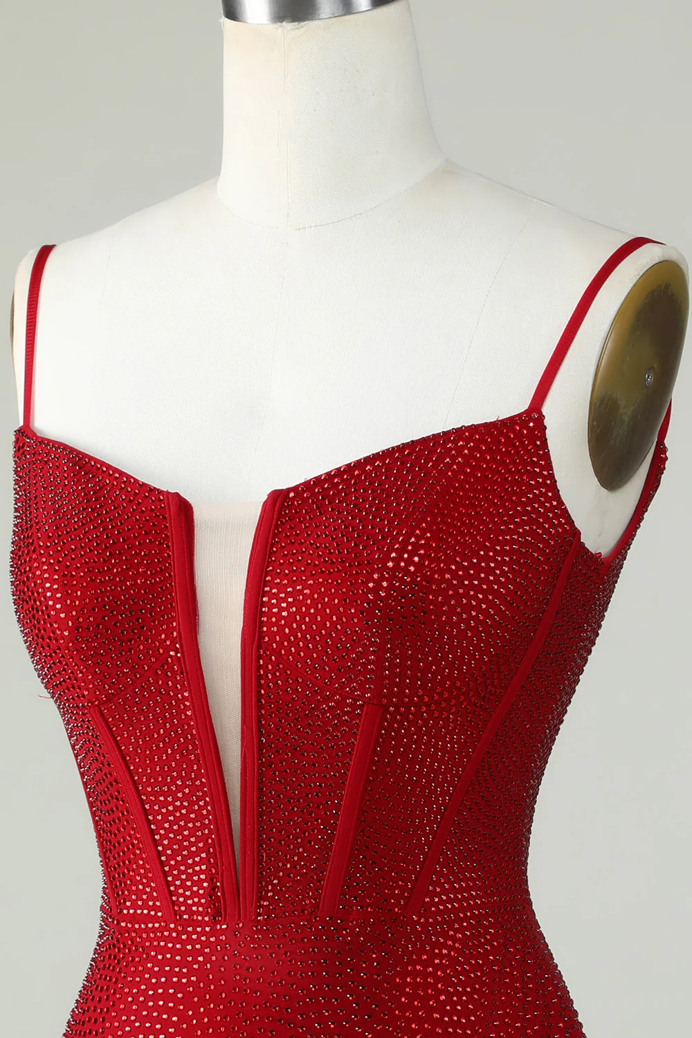 Red Beaded Sheath Spaghetti Strap Homecoming Dress - Image 5