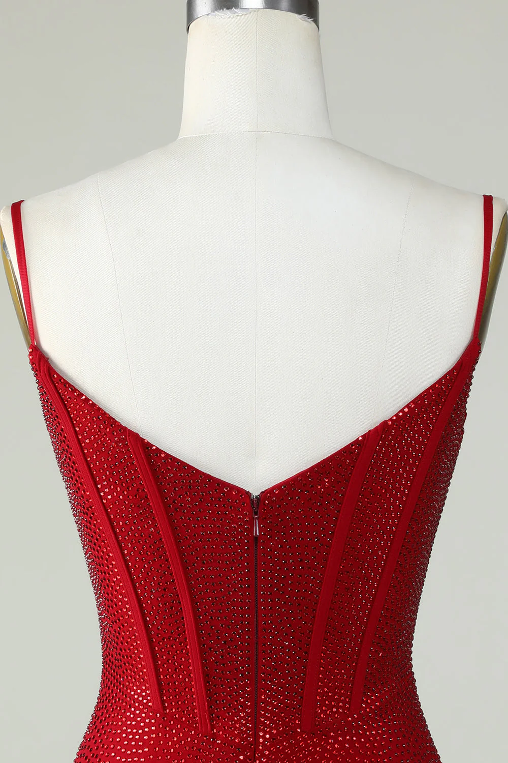 Red Beaded Sheath Spaghetti Strap Homecoming Dress - Image 6
