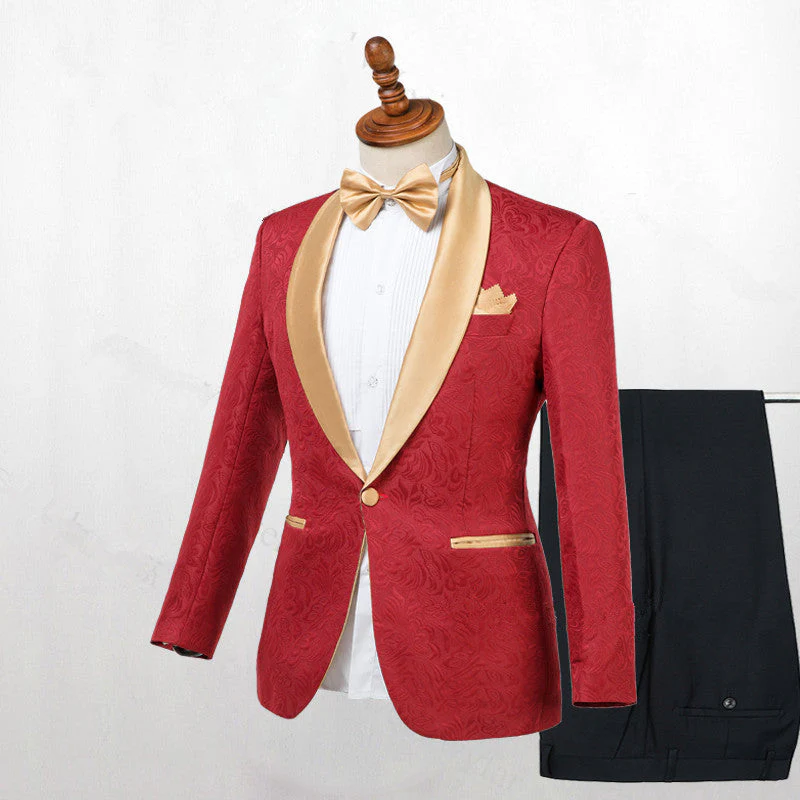 Red Jacquard One Button Wedding Men Suits with Gold Lapel - Image 2