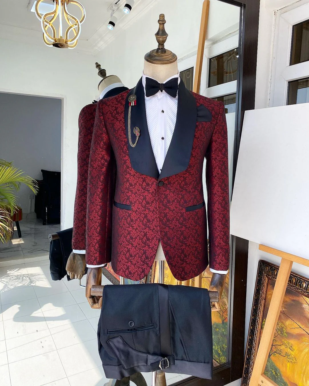 Red Jacquard Wedding Suit with Navy Shawl Lapel and Pants - Image 2