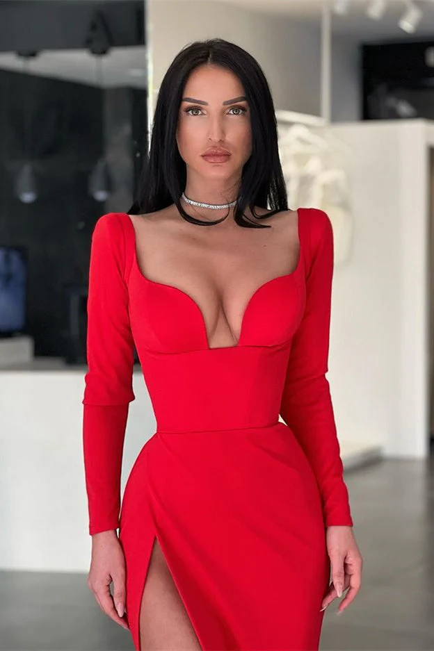 Red Long Sleeves V-Neck Evening Dress Mermaid With Slit On Sale - Image 2