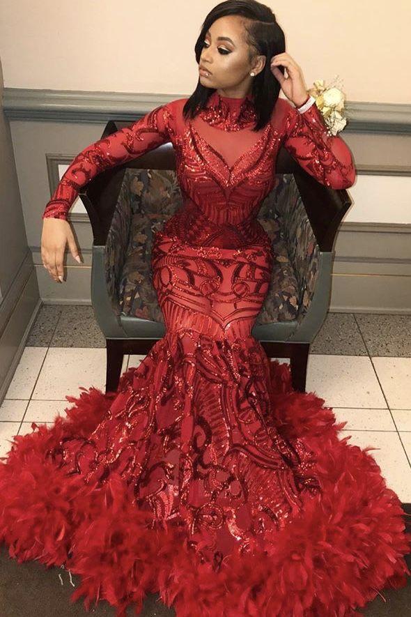 Red Mermaid Sequins Long Sleevess High Neck Prom Dresses - Image 4