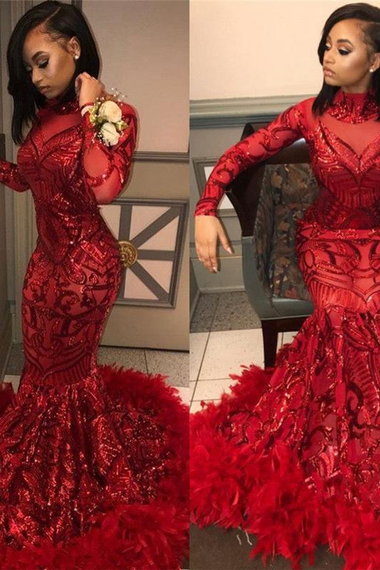 Red Mermaid Sequins Long Sleevess High Neck Prom Dresses - Image 5
