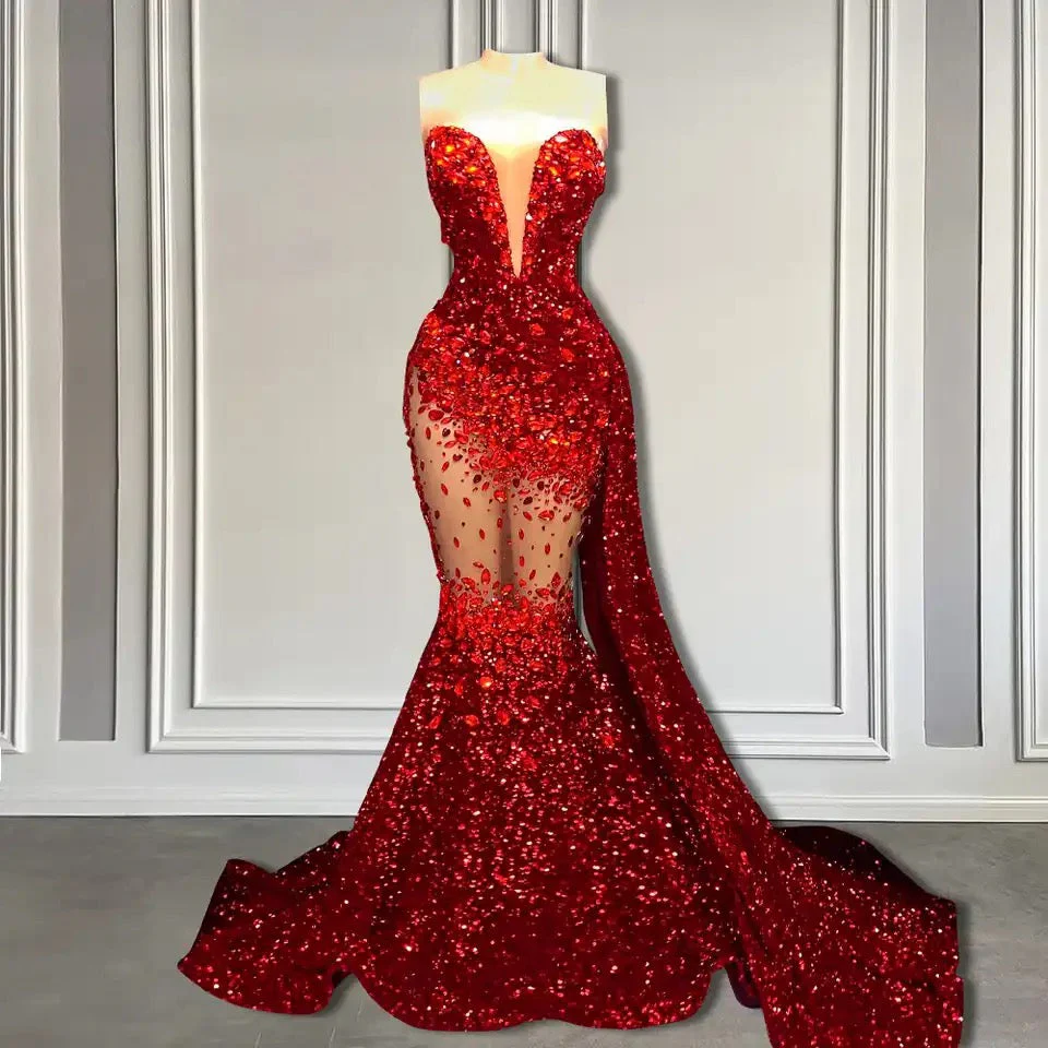 Red Mermaid Style Prom Dress with Sweetheart Sequins and Ruffle - Image 2