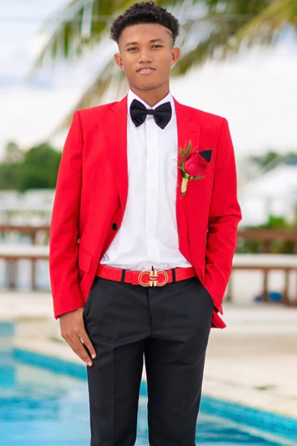 Red Notched Lapel Two-Button Prom Suit with Black Pants - Image 2