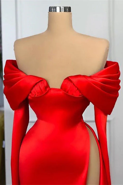 Red Off-the-Shoulder Long Sleeves Prom Dress Mermaid With High Split - Image 2