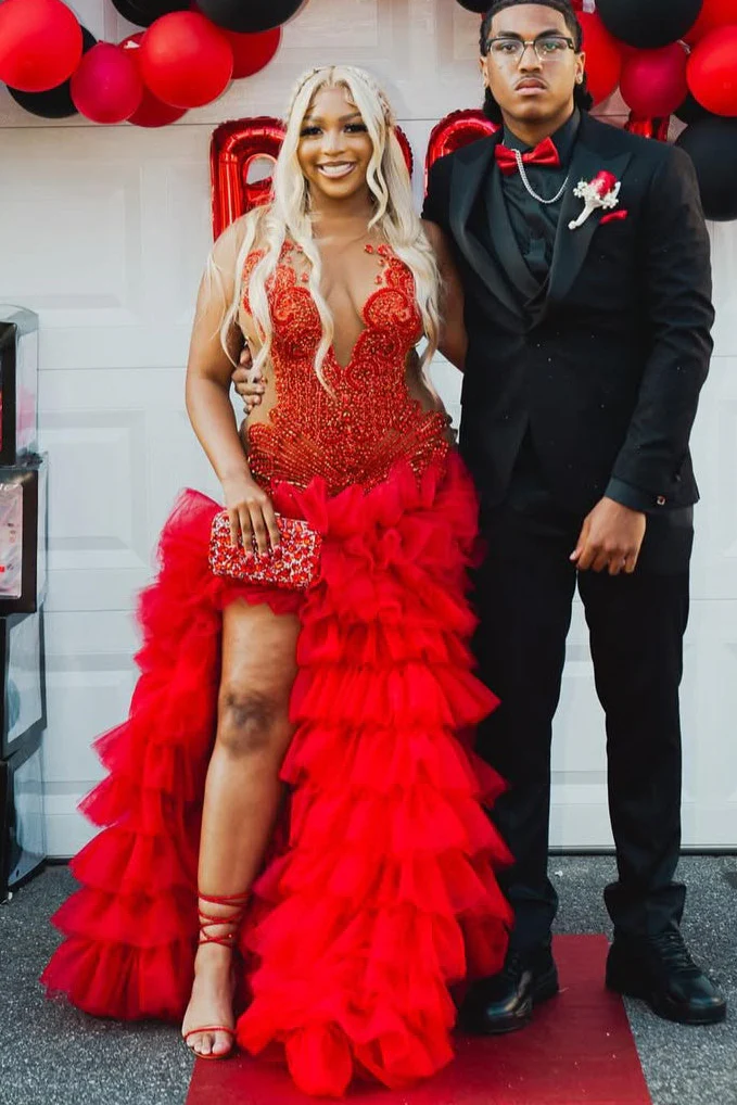 Red Ruffles High Split Sleeveless Mermaid Long Prom Dresses - Image 2