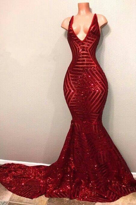 Red Sequins Shiny V-Neck Mermaid Long Prom Dresses - Image 2