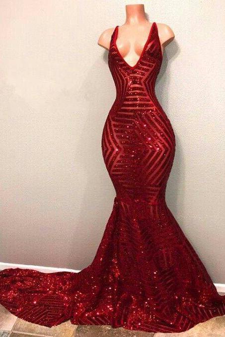 Red Sequins Shiny V-Neck Mermaid Long Prom Dresses - Image 3
